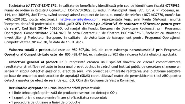 Lansarea proiectului: „INO-SEN-Tehnologie INOvativă de realizare a SENzorilor pentru gaze de seră“ POC/1025/1/3