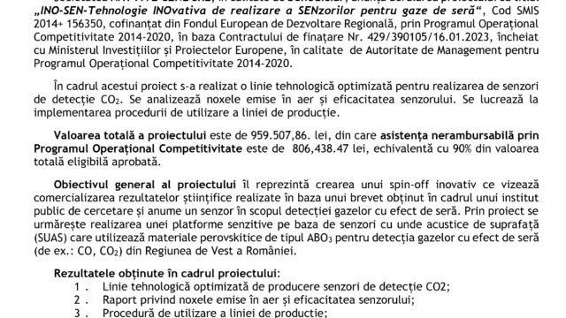 Comunicat de presă privind derularea proiectului „INO-SEN-Tehnologie INOvativă de realizare a SENzorilor pentru gaze de seră“